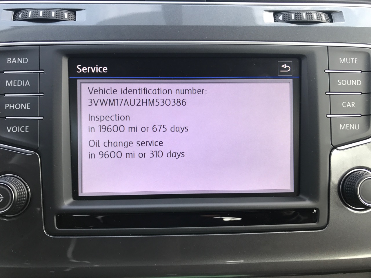 My Alltrack's infotainment display. Oil change due in 9,600 miles