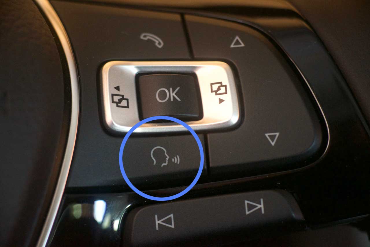 Press the talking head button on the steering wheel