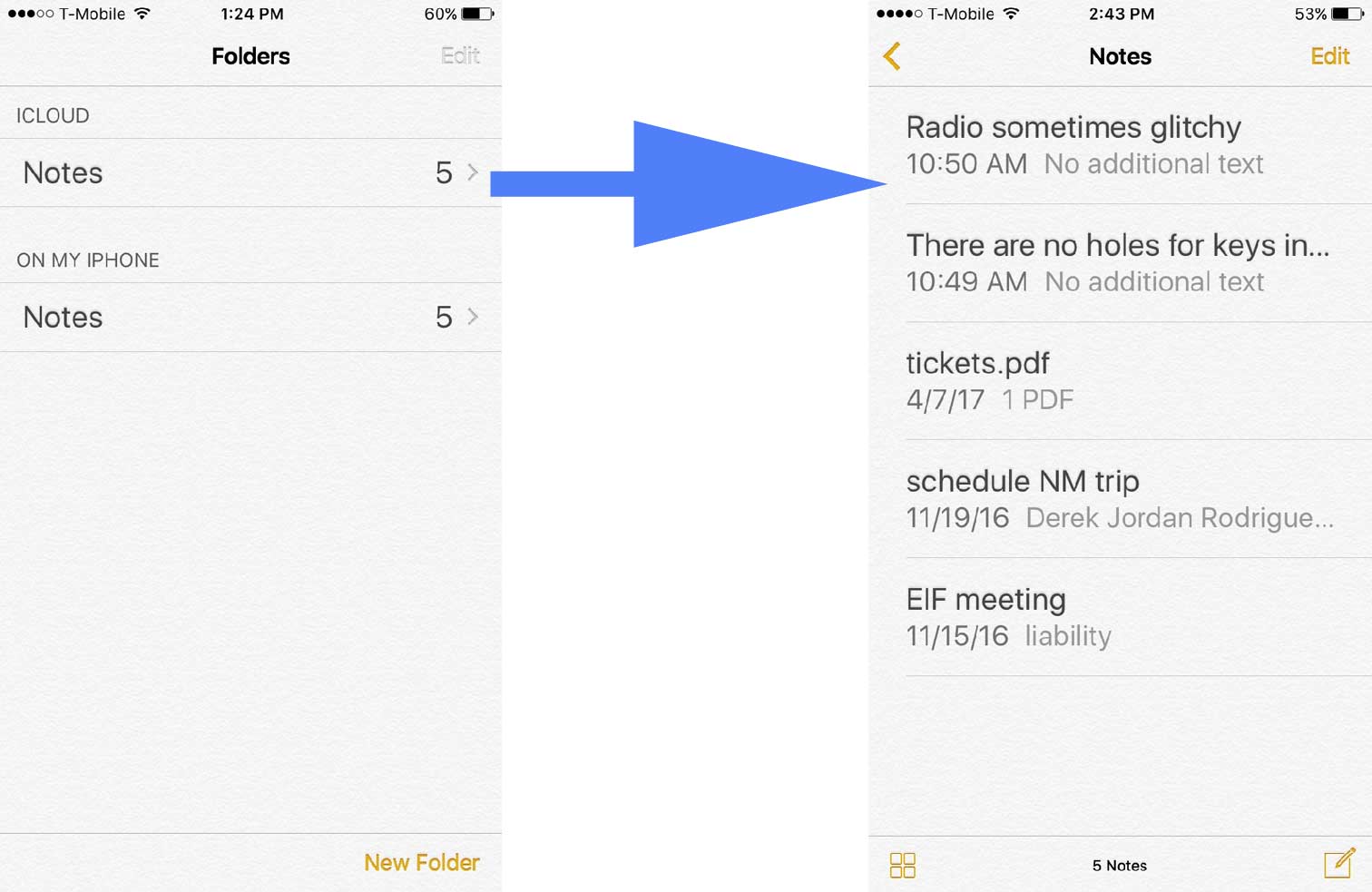 Notes land in the iCloud section